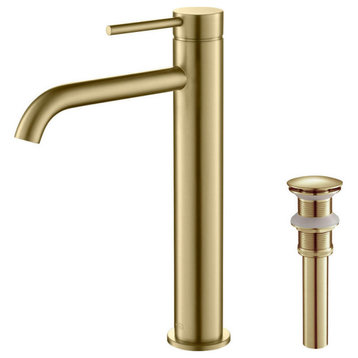 Circular Brass Single Handle Bathroom Faucet KBF1009, Brush Gold, With Drain