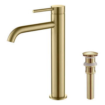Circular Brass Single Handle Bathroom Faucet KBF1009, Brush Gold, With Drain