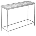 Meridian Furniture - Butterfly Console Table, Silver - Flutter by, butterfly. Such is the sentiment when you bring home this lovely Butterfly console table from Meridian Furniture. A lovely silver foil design across the top of the table featuring a bevy of butterflies adds instant visual appeal to your space. The glass preserves the look of the butterflies below while the metal legs provide a sturdy framework for this long-lasting accent table. Pair it with other items in the Butterfly collection for a complete look.