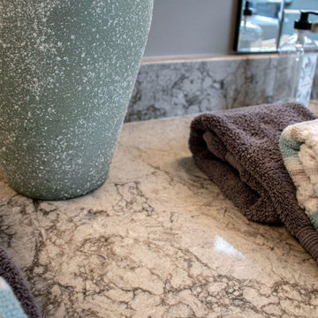 Siteline White Vanity, Barrier Free Walk-in Shower and Free Standing Tub
