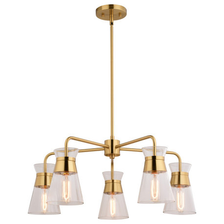 Harper 5 Light Gold Brass Mid-Century Modern Chandelier Clear Glass