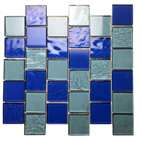 Landscape 2"x2" Textured Glass Square Mosaic Tile,Horizon Blue, Set of 12