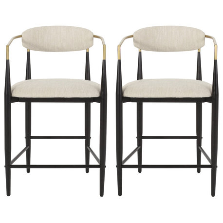 Camas Modern 25" Fabric Upholstered Counter Stools, Iron Frame, Set of 2, Fabric Beige + Black