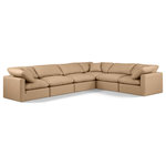 Meridian Furniture - Indulge Upholstered Modular L-Shaped Sectional, Tan, 6-Piece: 3 Armless Chair, 3 Corner Chair, Fiber Stuffed Vegan Leather - Experience ultimate comfort and style with our tan vegan leather Indulge Sectional. The luxurious vegan leather will elevate the aesthetic of any room. This sofa provides ample space for you to relax while its modular build offers the option of unlimited configurations. Whether you're looking to add a stylish element to your living room or a comfortable seating option to your bedroom, this sofa is the perfect choice.