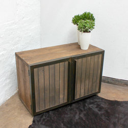 Louisa Reused Scaffolding Media Unit with Slatted Wood & Perforated Steel Doors - Storage Cabinets