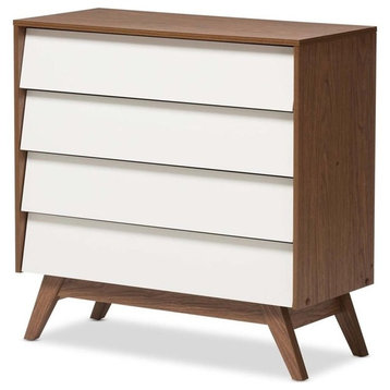 Hawthorne Collections Mid-Century 4-Drawer Wood Chest in White/Walnut Brown