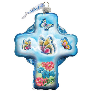 Hand Painted Butterflies Cross In Blue Glass Scenic Ornament