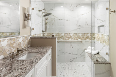 Small transitional master white tile and porcelain tile porcelain tile, white floor and double-sink bathroom photo in Louisville with recessed-panel cabinets, white cabinets, beige walls, an undermount sink, granite countertops and a built-in vanity