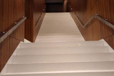 広いモダンスタイルのおしゃれな階段 (パネル壁) の写真