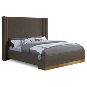 Halton Black Boucle Fabric King Bed, Brown, Queen