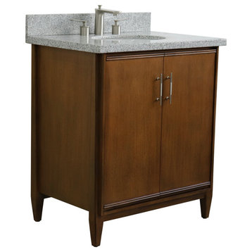 31" Single Sink Vanity, Walnut Finish, Gray Granite With Oval Sink