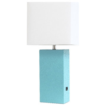 Lalia Home 21in Leather Base Table Lamp with USB Charging Port Aqua