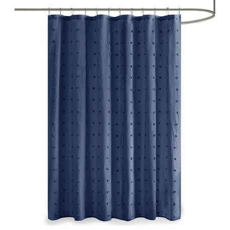 Urban Habitat Brooklyn Cotton Jacquard Pom-Pom Shower Curtain, Navy Blue
