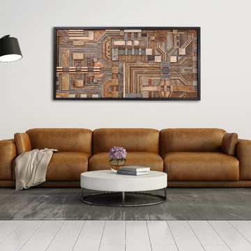 Reclaimed wood wall art of a circuit board