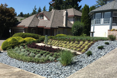 Photo of a mid-sized modern drought-tolerant and full sun front yard river rock landscaping in Vancouver for summer.