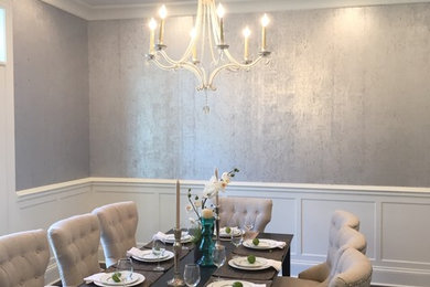 Enclosed dining room - mid-sized transitional dark wood floor enclosed dining room idea in Chicago with gray walls and no fireplace