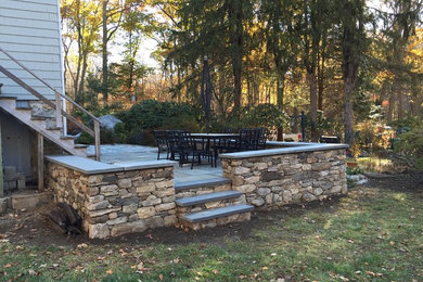 Example of a huge transitional backyard brick patio kitchen design in New York with no cover