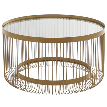 Contemporary Coffee Table, Minimalistic Wire Like Golden Body & Clear Glass Top