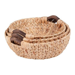 Round Water Hyacinth Basket Set with Wood Handles (3-Piece) - Baskets