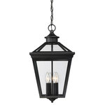 Savoy House - Outdoor Hanging Lantern, Black, 20.75" - Brighten the exterior of your home and welcome your guests in style, with this hanging lantern. The design mimics a vintage gas lantern, with a classic, tapered box shape and decorative top finial. A deep black finish looks terrific, and blends well with other hardware and architectural materials. Panes of clear glass fill all four side panels �and the roof panels, too. Four 40W, C-style bulbs provide inviting and secure illumination. This lantern measures 12� wide and 20.75� high. You�ll enjoy its timeless style and enhance the beauty of your property, whether on your porch, patio, sunroom, pergola, or hung from other ceilings in your outdoor living areas.