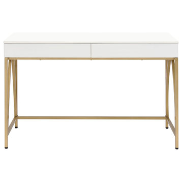 Benzara BM211100 Wooden Frame Desk With 2 Drawers and Metal Legs, White and Gold
