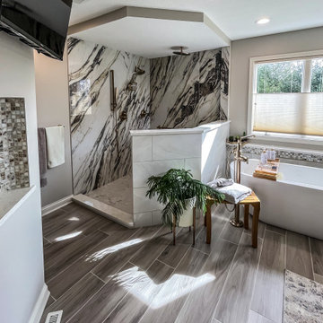 Master Bath with Refaced Vanity and Full Height Porcelain Tile Shower Walls