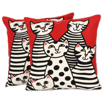 Novica Handmade Cat Family Embroidered Cotton Cushion Covers (Pair)