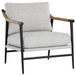 Sunpan - Meadow Armchair - Functional with a timeless design, this mid-century style lounge chair offers a clean silhouette that will suit any space. Stocked in vault fog fabric with solid oak wood armrests. Completed with a black iron frame. Also available in a counter stool and dining armchair version. Performance fabric is moisture repellent, durable and easy to clean. As wood is an organic, porous material, these pieces will contain natural variations of texture and may also exhibit fine indentations and cracks. Wood pieces will also display a disparity of colour and grain, and visible knots and burls that add to the character of each piece.