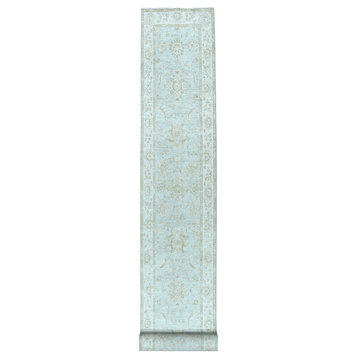 2'8"x15'9" White Wash Peshawar Pure Wool Handmade Oriental Runner Rug