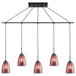 Woodbridge Lighting - Woodbridge Lighting Venezia 5-Light Pendant Chandelier, Bronze, Linear, 42"w, Mosaic Red - The Venezia collection is a series of hanging lights featuring uniquely colored designer glass. With many color options to choose from, this transitional design can blend in many rooms with different colors and themes.   This linear pendant hangs 5 tulip shaped mosaic glasses in a row along a metal rod to create an island of contemporary taste.
