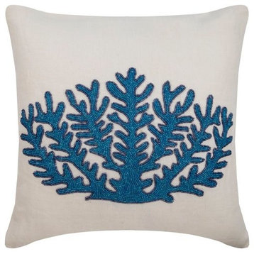 Ivory Decorative Pillow Cover, Blue Bead 16"x16" Linen, Blue Coral Treasure
