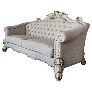 Sofa With 6 Pillows, Two Tone Ivory Fabric and Antique Pearl Finsih Vendom Ii