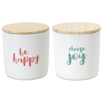 Canister (Set Of 2) 4.75"H Wood/Stoneware
