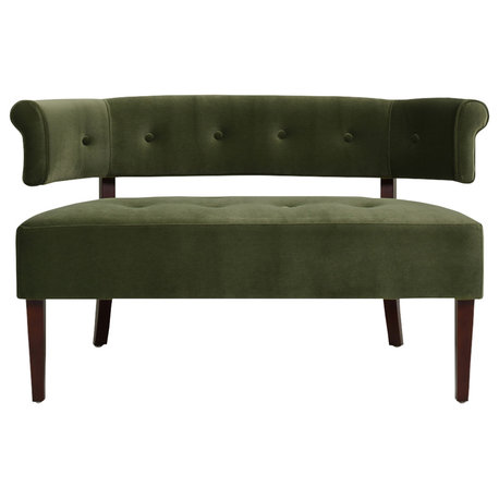 Jared Roll Arm Tufted Bench Settee, Olive Green Performance Velvet