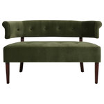 Jennifer Taylor Home - Jared Roll Arm Tufted Bench Settee, Olive Green Performance Velvet - Add a retro-modern accent to any space with the Jared Settee Collection by Jennifer Taylor Home. The unique split-back silhouette, recessed arms, and dark wood frame come together in this lovely settee to create a functional and stylish piece. Use the settee as a bench at the end of the bed, banquette seating at a dining nook, or to fill out the living room with additional seating.