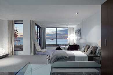 Large contemporary master bedroom in Melbourne with carpet, white walls and grey floor.