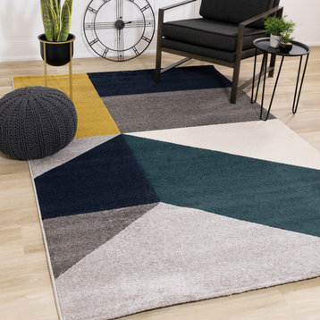 Sutton Collection Gray Blue Large Geometry Rug, 5'3"x7'7"