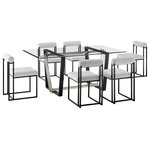 Armen Living - Kai Anastasia Rectangular Glass Dining Table 7pc Set, Black Iron, Lt Gray Fabric - Give a sophisticated upgrade to your dining area with the Kai Anastasia Dining Set by Armen Living. This set includes 1 Kai Rectangular Glass Dining Table with Metal base and 6 Anastasia Upholstered Dining Chairs. The crisp and clean-lined design of our dining set offers modern drama and elegance. The rectangular, glass tabletop beautifully balances on a streamlined metal base. The sharp angles and contrasting finishes lend a touch of polish and definition to our dining table. It serves as a brilliant complement to our Anastasia dining chairs. The Anastasia's cushioned backrest and padded seat showcase a neat channeling detail that provides texture for a chic and inviting look. Creating a beautiful contrast with the sleek frame and comfortable cushions, these dining chairs are set to make a stylish impact. The chair is upholstered in performance fabric or smooth faux leather to offer easy care and maintenance. Together, this dining set can bring an elevated tone to your kitchen, dining room, or living space. It serves as the perfect spot to enjoy dinners, engaging conversations, and activities. With sturdy construction and high-quality materials, our dining set will continue to bring style and comfort to your home. The Kai Anastasia 7 Piece Rectangular Glass Dining Table Set is available in matching finishes and a variety of colors, or sold separately to achieve any look you desire.