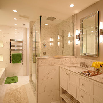Luxury Marble Bathroom with Glass Shower, Double Vanity, and Soaking Tub