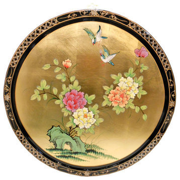 Black and Gold Leaf Lacquered Oriental Round Hand Painted Floral Wall Art