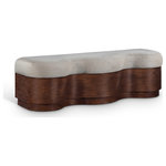 Meridian Furniture - Savoy Upholstered Bench, Beige, Velour Fur Fabric, Walnut Finish - The bold and artistic Savoy beige velour fur fabric upholstered bench brings a unique wave-like design to your space. Plush velour fur fabric atop creates a soft, luxurious seating experience, while the sculptural wooden base in a rich brown walnut finish adds a playful yet sophisticated touch. Perfect for those seeking to make a statement, it blends form and function, offering comfort and style in one eye-catching piece.