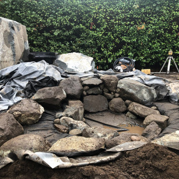 Bocce Ball Court, Pond, Granite Rocks and Dimensonal Flagstone