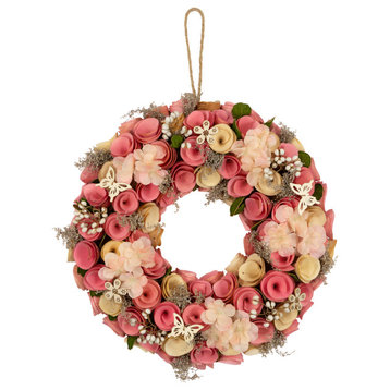 Wooden Artificial Floral and Berries Spring Wreath 12.5" Pink and Cream