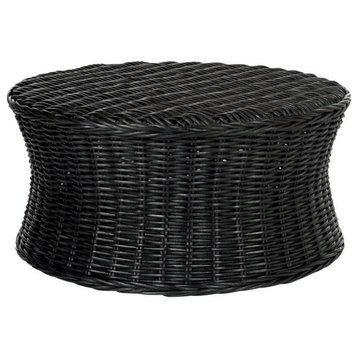 Rustic Round Coffee Table, Versatile Design With Woven Rattan Body, Black Finish