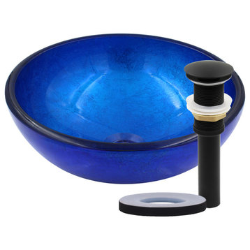 Verdazzurro Mini 12" Blue Foiled Round Tempered Glass Vessel Bath Sink & Drain, Matte Black