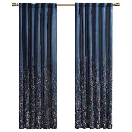 Madison Park Andora Embroidered Branches Faux Silk Window Panel, Navy Blue