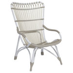 Sika Design - Monet Highback Chair Exterior, Dove White - The Monet Outdoor Chair by Sika Design is a high-backed lounge chair with a gently curved back and arms that swoop around to form the chair front. Skilled artisans expertly craft this rediscovered design for the outdoors by replacing the original rattan slats with ArtFibre polyethylene strands on an elegantly curved Alu-Rattan aluminum tube frame. Extra touches like the herringbone weave on the arms and wrapped details on the seat and legs elevate the look of this stylish outdoor lounge chair. Paired with the matching footstool, this lounge chair has a pleasing aesthetic in a garden or on an outdoor patio.