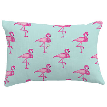 Flamingo Fanfare Martini Tropical Print Pillow With Linen Texture, Aqua, 14"x20"