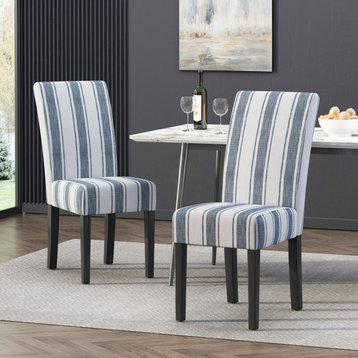 Percival Upholstered Dining Chairs, Set of 2, Dark Blue Line and Espresso, 100% Polyester