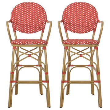 Danberry Outdoor 29.5" French Barstools, Set of 2, Bamboo Print Finish/Red/White